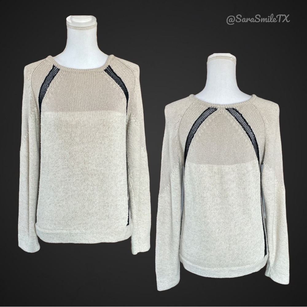 HELMUT LANG Designer Cream Shiny Knit Scoop Neck Black Knit Panel Sweater
